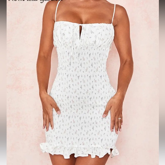 Ruched Floral Dress Strappy smocked white NWT - Picture 3 of 6